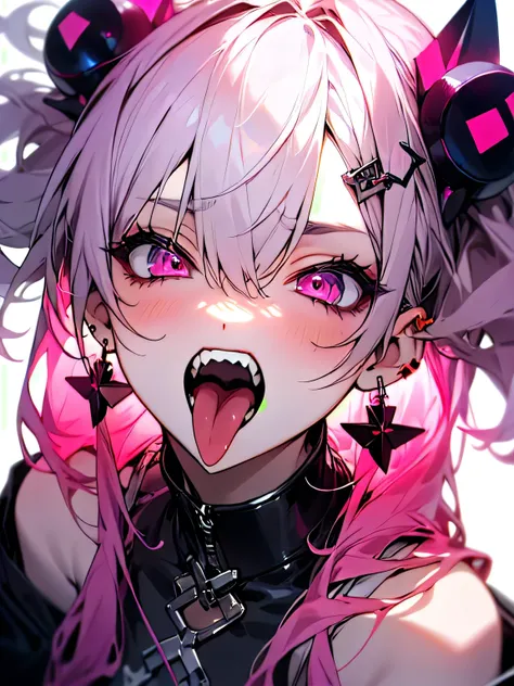 from above,(masterpiece:1.2), Highest quality,Pixiv,Rebellious girl,Portraiture,
One girl, tongue, alone, tongue out, teeth, Open your mouth, jewelry, Earrings, Reddish purple hair, Earrings, View your viewers, tongue Earrings, sharp teeth, Pink Eyes, Hai...