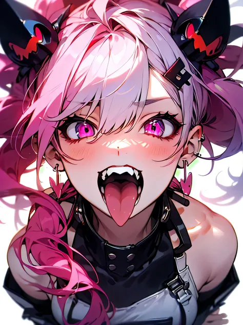 from above,(masterpiece:1.2), Highest quality,Pixiv,Rebellious girl,Portraiture, 
One girl, tongue, alone, tongue out, teeth, Open your mouth, jewelry, Earrings, Reddish purple hair, Earrings, View your viewers, tongue Earrings, sharp teeth, Pink Eyes, Hai...