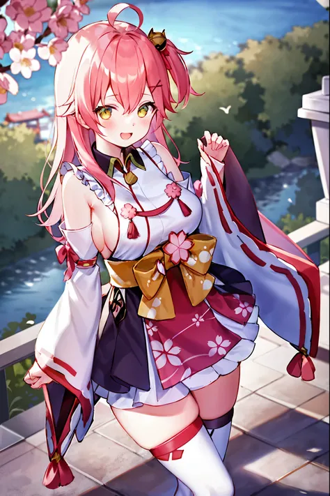 masterpiece, best quality, highres, miko1, sakura_miko, 1girl, big_boobs, solo, ahoge, x_hair_ornament, pink_hair, floral print, hairclip,(side_less_clothes:1.5), (side_boobs:1.5), hair_bell, floral print, long_hair, hair between eyes, one side up, white t...