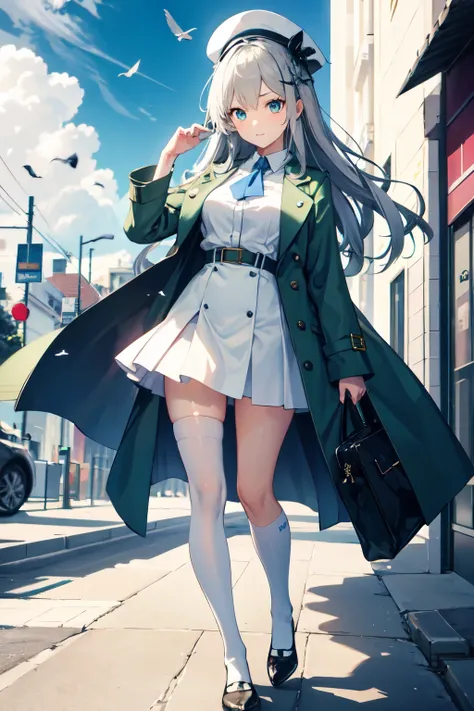 One girl, Green long coat, Long Hair ,Gray Hair, Blue eyes, Clear skies, big brown bag, Postman, Second Dimension, White handbag, hat, Bird wing design, Dress shirt, noon, mini skirt, Thighs,   Knee socks, cloud