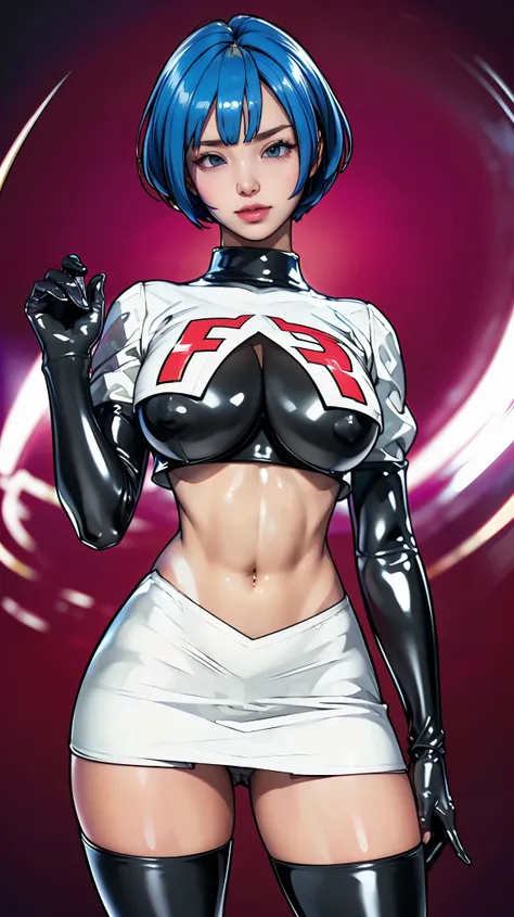 (masterpiece, Highest quality, In 8K, Very detailed, High resolution, Realistic:1.2), (Accurate Team Rocket uniforms drawn in latex material:1.3), (smilingly, Narrow-eyed Japanese face:1.2), (Blue Hair, Hairstyle is bowl cut:1.2), (Cowboy Shot, Shooting fr...