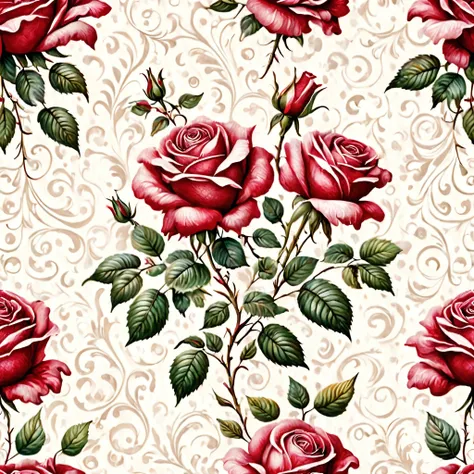 rose watercolor, pattern, realistic style, oscar dominiguez, holotone printing, dye-transfer, classical motifs and themes, soft focal points, intense colors, white background