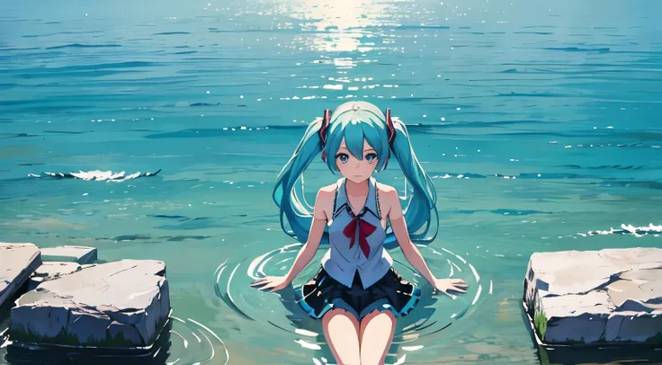 masterpiece, Highest quality, Super detailed, Hatsune Miku, The water surface reflecting the city, Fantasy, Casual and natural summer outfit, Minimalist composition