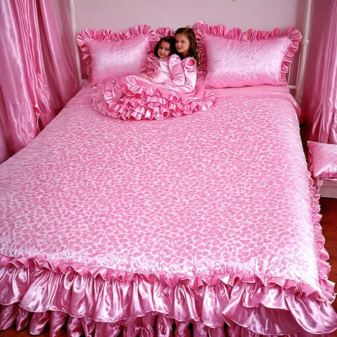 A sissy girl of 12 years old, a plump quilted silk satin nightgown, long sleeves,frilled sleeves,childrens mittens without fingers, a bed with a mountain of silk satin pillows,sissy canopy bed,king size bed,more big bed,lot of frilled pink pillows,more pil...