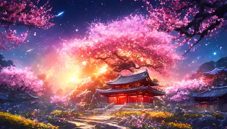 masterpiece, Concept Art, panoramic, In the center, number, Wide-angle lens, Garden, night, (meteor), space galaxy background, (Magnificent composition, Epic Proportions), Dynamic Lighting, Vibrant colors, Cherry blossoms,