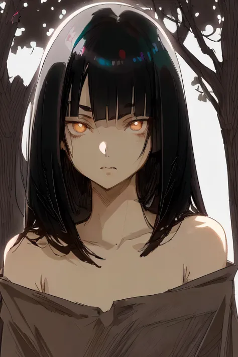 anime styling,a girl with shoulder-length black hair,fair skin with white eyes and dark brown pupils,neutral look,rosto comprido,1,77cm,medium eyes, slightly droopy and with dark circles, leaning against a tree.