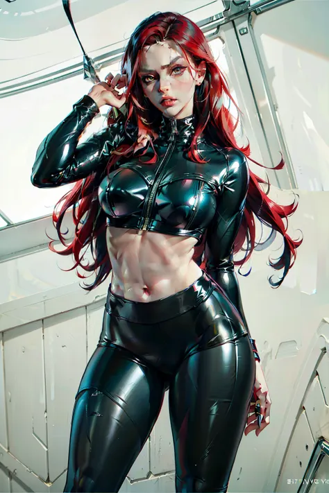 k/da all out kai'sa, long red hair, defined body, overview, posse sexy, latex pants, overview