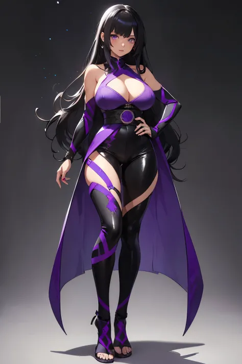 beautiful woman, long black hair, with bangs, purple eyes, purple ninja outfit, big bust, showing full body, high quality, in dojo