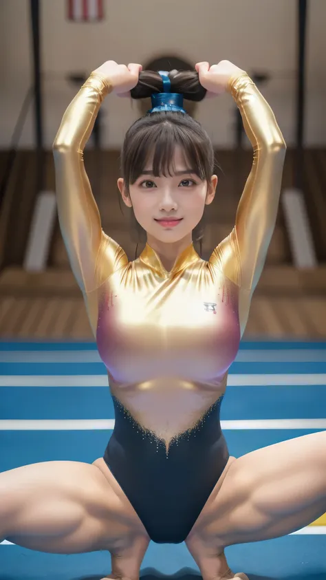 ((indoor, 新Gymnastics arena, Gymnastics arena:1.3)), (Highly detailed skin, Beautiful realistic face, White skin, Pointed Chest, Small nipples, Perfect Anatomy, Realistic eyes, Natural Eyes, Brown eyes, Accurate eye focus, Accurate limbs), (Hyper Realist, ...