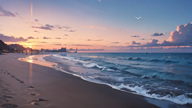 Sunset sea, deserted, seagulls,