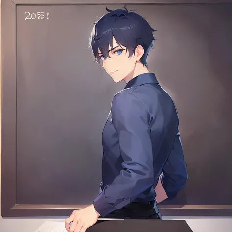 (looking back:1.5),upper body、
shiny skin, masterpiece、Highest quality、
(25-year-old male:1.5) and (Black short hair) and (blue eyes), 
(navy collared shirt) 
smile,Chalkboard background、(alone:1.5)