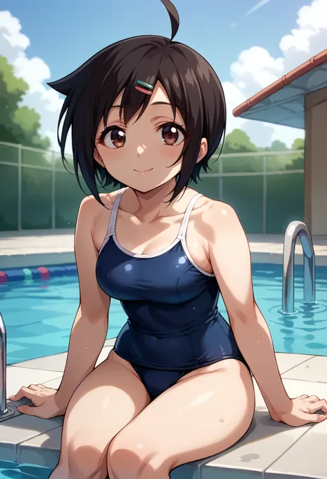 score_9, score_8_up, score_7_up, 1girl, solo, sakuTomo, black hair, short hair, ahoge, school swimsuit, smiling, sitting on the edge of a pool, watern,  looking at you, pool