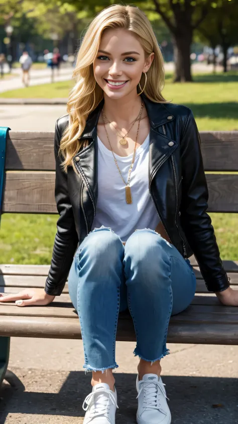 8k wallpaper, Beautiful Caucasian Woman、Full body photo、,sitting on a park bench、leather jacket、shirt、Skinny jeans、sneakers、Necklace around the neck、 blonde 、Wavy Hair、blue eyes、ear piercing、smile、Beautiful teeth alignment、
