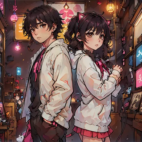 a boy and a neko girl are listening to music with headphones together in an old vinyl store, a room with a lot of singer poster, 80s style, with neon lights. The atmosphere is sad when the girl wanna break up.