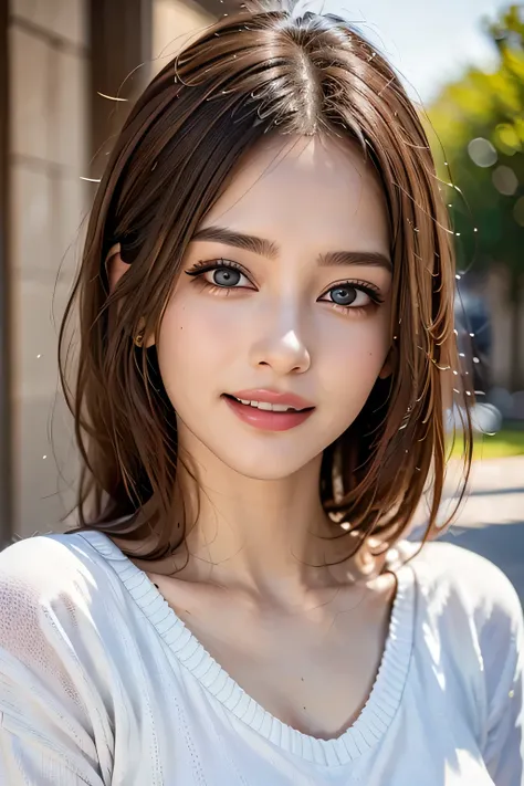 ((masterpiece)), ((Highest quality)), ((Complex)), ((Surreal)), (Realistic), (Mature Woman), ((There are no classes)), Very detailed, (1 female), Beautiful and exquisite, (Beautiful Teeth), Grin, Brunette bob hair, Brown eyes, ((Random color summer sweater...