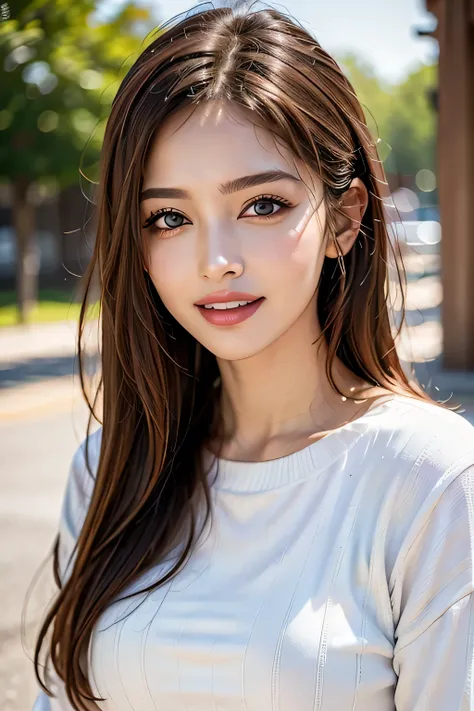 ((masterpiece)), ((Highest quality)), ((Complex)), ((Surreal)), (Realistic), (Mature Woman), ((There are no classes)), Very detailed, (1 female), Beautiful and exquisite, (Beautiful Teeth), Grin, Brunette bob hair, Brown eyes, ((Random color summer sweater...