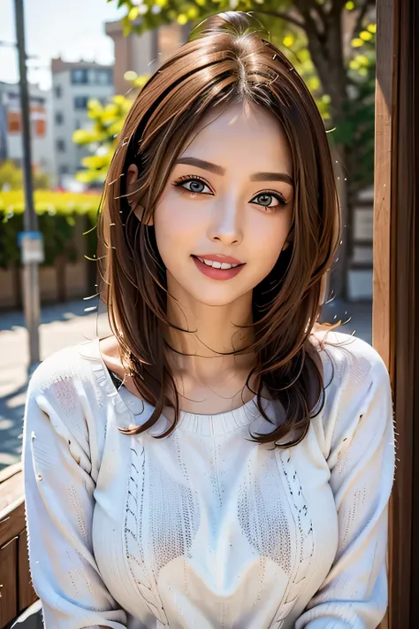 ((masterpiece)), ((Highest quality)), ((Complex)), ((Surreal)), (Realistic), (Mature Woman), ((There are no classes)), Very detailed, (1 female), Beautiful and exquisite, (Beautiful Teeth), Grin, Brunette bob hair, Brown eyes, ((Random color summer sweater...
