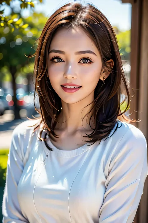 ((masterpiece)), ((Highest quality)), ((Complex)), ((Surreal)), (Realistic), (Mature Woman), ((There are no classes)), Very detailed, (1 female), Beautiful and exquisite, (Beautiful Teeth), Grin, Brunette bob hair, Brown eyes, ((Random color summer sweater...