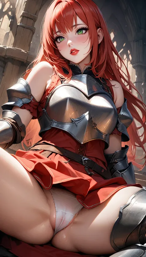 highest quality、16K high resolution、Super detailed、masterpiece、Live shooting、realistic:1.4、hyper realism:1.4、sharp focus、very delicate and beautiful、small details、1 female、(european:1.2)、(redhead warrior girl)、(spread your legs:1.3)、(white panties:1.3)、(ca...