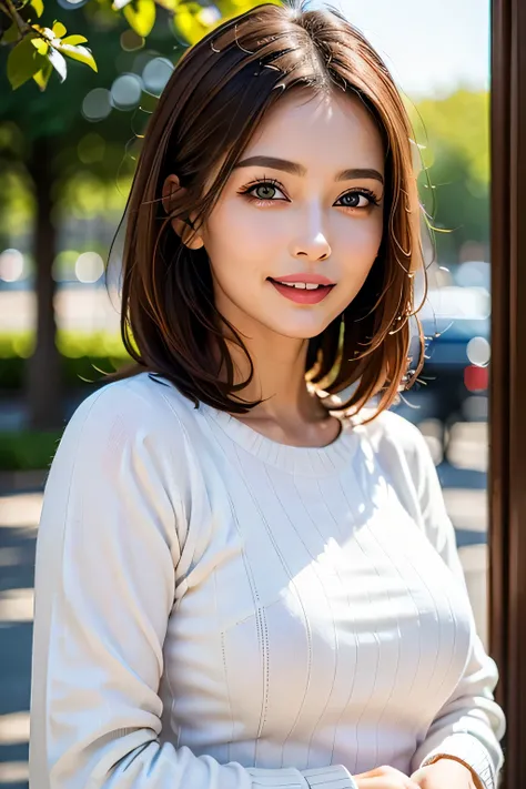 ((masterpiece)), ((Highest quality)), ((Complex)), ((Surreal)), (Realistic), (Mature Woman), ((There are no classes)), Very detailed, (1 female), Beautiful and exquisite, (Beautiful Teeth), Grin, Brunette bob hair, Brown eyes, ((Random color summer sweater...