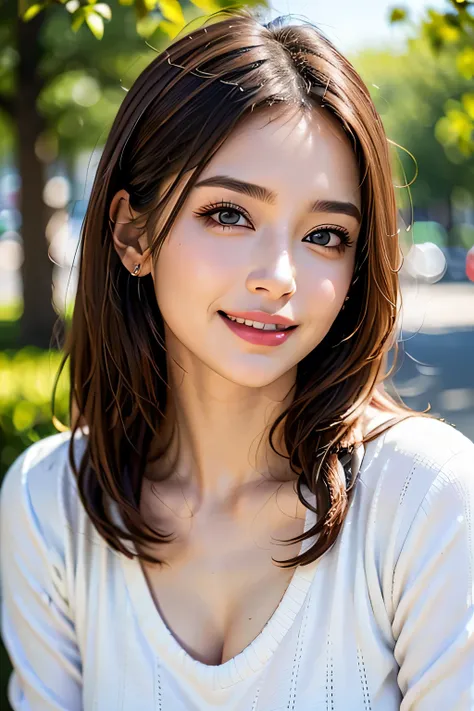 ((masterpiece)), ((Highest quality)), ((Complex)), ((Surreal)), (Realistic), (Mature Woman), ((There are no classes)), Very detailed, (1 female), Beautiful and exquisite, (Beautiful Teeth), Grin, Brunette bob hair, Brown eyes, ((Random color summer sweater...