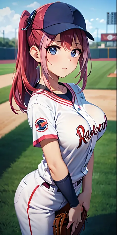 beautiful girl ,busty girl, medium tits,hy1, hair ornament, multicolored hair, baseball player, baseball player costume,(pov,clo...