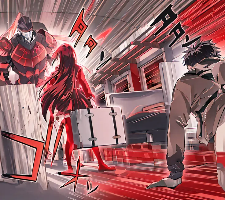 anime scene where a boy appears in the middle of a train, girl standing in front of him to protect him from a fantasy knight, anime combat scene with intense line art, colored, manga page colored, fate red line, type moon