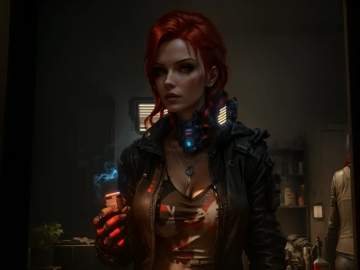 there is a woman holding a cigarette in a room, redhead female cyberpunk, triss merigold, cyberpunk femme fatale, cyberpunk character, female redhead templar, glowing lens flare wraith girl, in a dark space mercenary outfit, sci fi female character, cyberp...