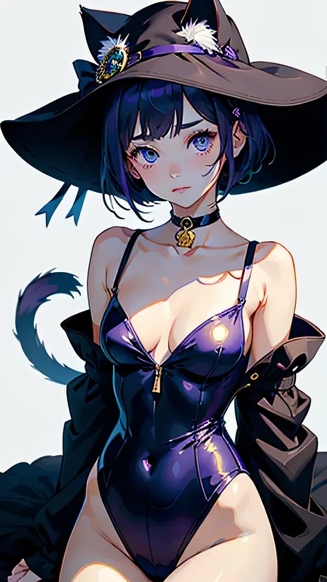 (highest quality, masterpiece, High resolution)、(anime art)、,cinematic light、soft light、girl、black hair、blue eyes,  (Lucky cat costume)、(Purple witch hat)、Cat ears in hair、bob cut、hair ornaments、choker、embarrassed look、shy,  small breasts、(cat pose)、Cat ja...