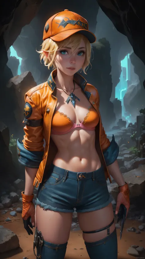 (The best quality,A high resolution,Ultra - detailed,actual),Cindy Aurum  Fantasy XV,(85mm F/1.4) , (Cindy has short blonde hair:1.4) , green eyes and a slightly tanned complexion, (His attire consists of an orange cap with the Hammerhead sign:1.4) ., a pa...