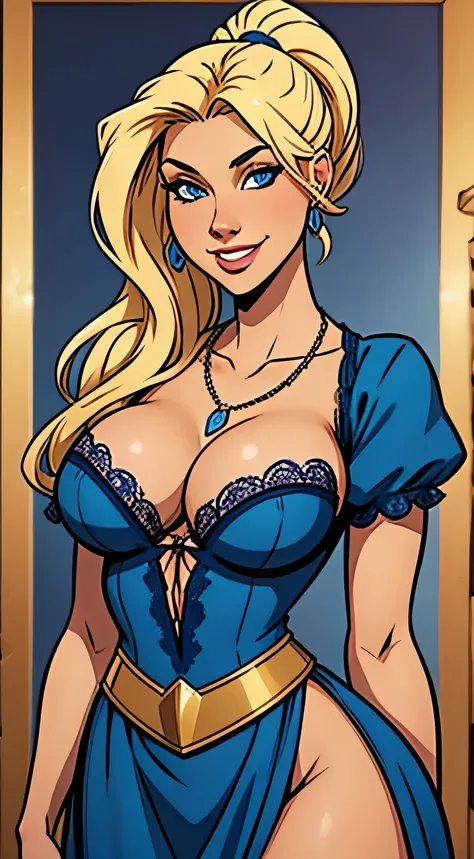 Thin woman, beautiful smiling, blue medieval dress with v-neck (lacy), rustic necklace with jewel between the breasts, skin fair, long blonde hair with ponytail, blue colored eyes, busty, arms back of the body. comic style.