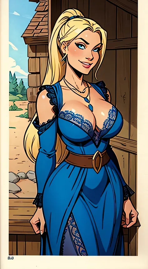 Thin woman, beautiful smiling, blue medieval dress with v-neck (lacy), rustic necklace with jewel falling between the breasts, skin fair, long blonde hair with ponytail, blue colored eyes, busty, arms back of the body. comic style.