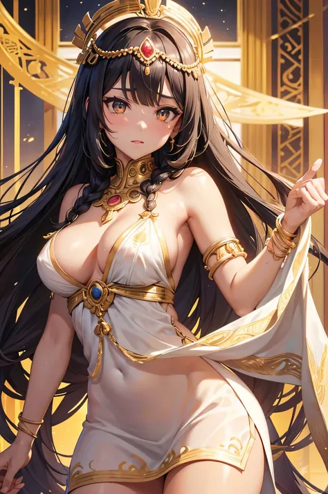 all intricate details, Sexy angle, 90 % nude girls view. Nefertari: It has an elegant and regal appearance. Her long, dark hair is braided with golden beads and adorned with ostrich feathers.. He wears a white linen tunic with gold embroidery and a royal b...