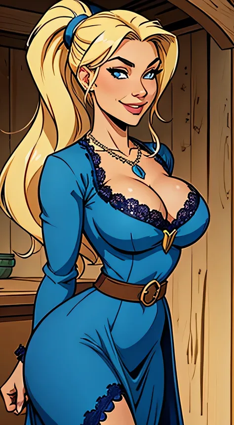 Thin woman, beautiful smiling, blue medieval dress with v-neck (lacy), rustic necklace with jewel falling between the breasts, skin fair, long blonde hair with ponytail, blue colored eyes, busty, arms back of the body. comic style.