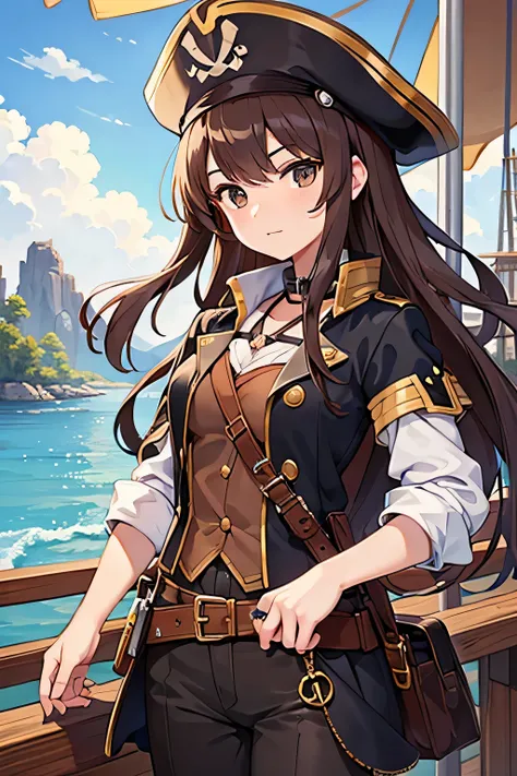 A 25-year-old pirate captain girl, is high, He is on a pirate ship looking at the viewer, long brown hair, black eyes, Brown, gun in one hand. 