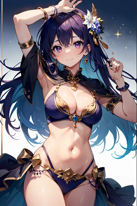 high quality, ultra detailed, best quality, insanely detailed, beautiful, masterpiece, 1girl, belly dancer, white background, red eyes, long hair, purple hair, harem outfit, bikini, pelvic curtain, purple costume, circlet, earrings, armlets, bracelets, bas...