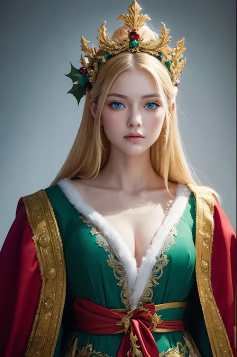 Portrait of a beautiful empress, Blonde, Perfect Blue Eyes, wonderful, An incredibly impressive large Christmas headpiece, Clothing Santa Robe, All about Christmas, snow, Symmetric, Dramatic studio lighting, Rococo, Baroque, green, Asian, Hyperrealism, clo...