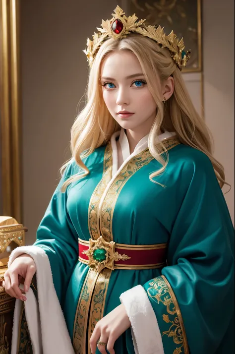 Portrait of a beautiful empress, Blonde, Perfect Blue Eyes, wonderful, An incredibly impressive large Christmas headpiece, Clothing Santa Robe, All about Christmas, snow, Symmetric, Dramatic studio lighting, Rococo, Baroque, green, Asian, Hyperrealism, clo...