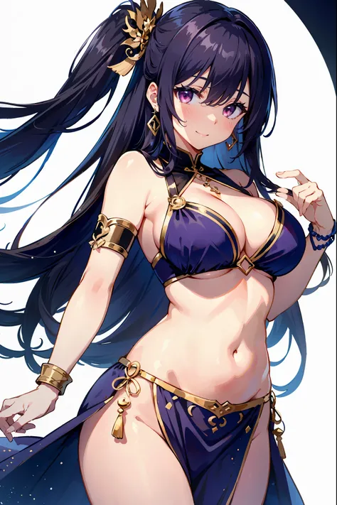 high quality, ultra detailed, best quality, insanely detailed, beautiful, masterpiece, 1girl, belly dancer, white background, red eyes, long hair, purple hair, harem outfit, bikini, pelvic curtain, purple costume, circlet, earrings, armlets, bracelets, bas...