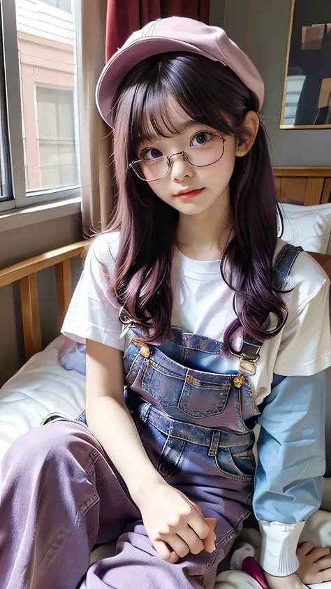 Highest quality,Realistic,masterpiece,detailed,High resolution,Cute school girl、At the bed、, long purple hair, pink feathered cap, red T-shirt, jeans overalls, round glasses, light blue socks, pink sneakers, 