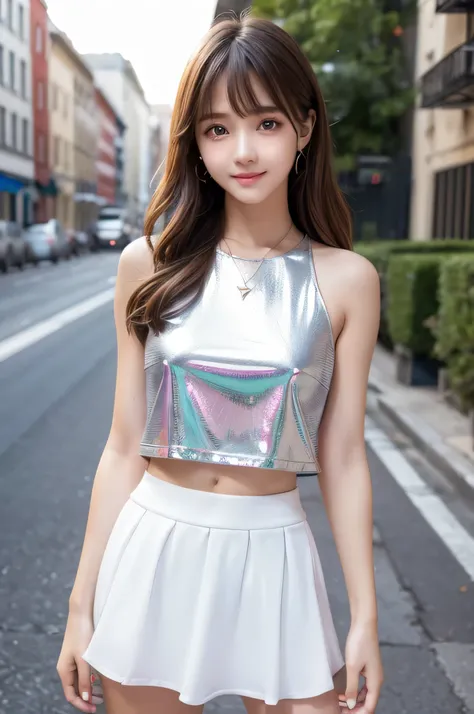 (super nice cute face:1.2),(Very beautiful cute girl),16 yo,(beautiful clear Eyes with a  radiance:1.2), Beautiful detailed eyes, Detailed double eyelids, (smiling), (realistic photograph:1.1), long straight brown hair, (Super Shiny metallic orange flare m...