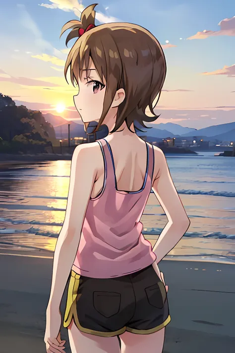 (uhd)、ami futami、sunset background、tank top、shorts、8k、back view、looking at viewer