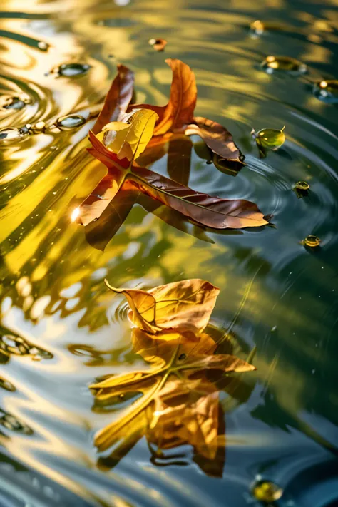 yellow leaf floating above lake，clean poster style， during autumn， dewdrops，waterface with ripple，8K，high-definition picture quality，minimalistic background, best quality