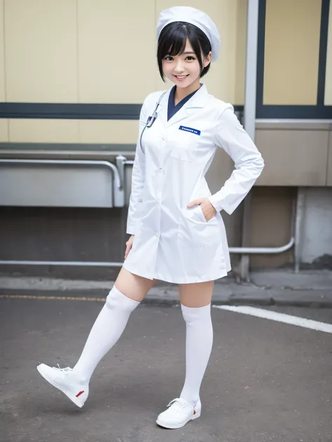 White knee-high socks、White nurse uniform、White pumps、Japanese women、whole body、Black Hair、short hair、Standing posture、smile、One girl, High resolution, Gaze, Anatomically correct, Highest quality、20-year-old