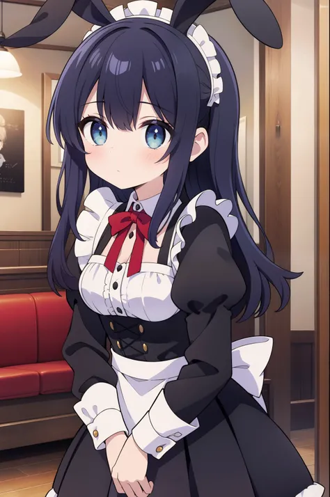 girl with maid outfit, cafe, black bunny ear band