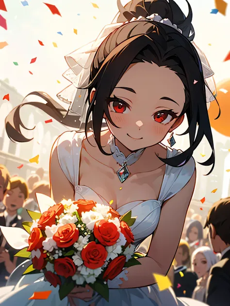 solo, looking at viewer,leaning forward,upperbody, black hair, high ponytail, big forehead,red eyes, gorgeous wedding dress, bouquet, midsummer sky, aristocratic garden,outdoor, running, smile, dazzling,(confetti:1.3),perfect lighting,(depth of field:1.3)