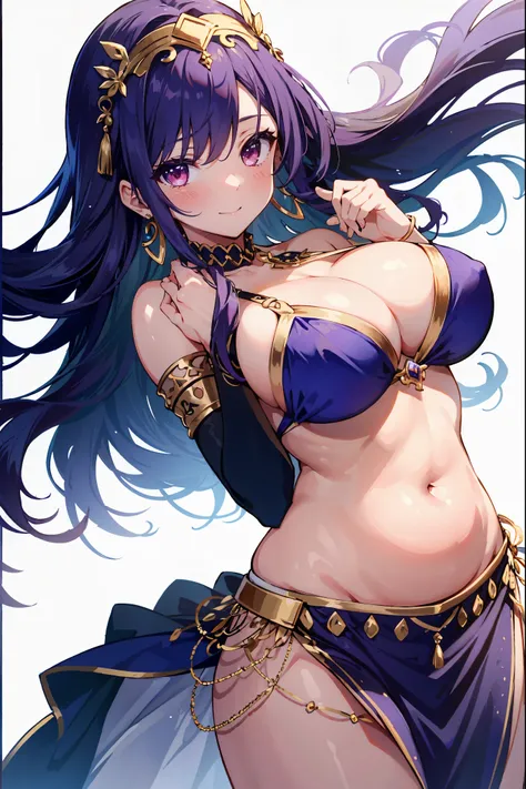 1girl, belly dancer, white background, red eyes, long hair, purple hair, harem outfit, bikini, pelvic curtain, purple costume, circlet, earrings, armlets, bracelets, bashful smile, dancing, large breasts, cleavage, soft stomach