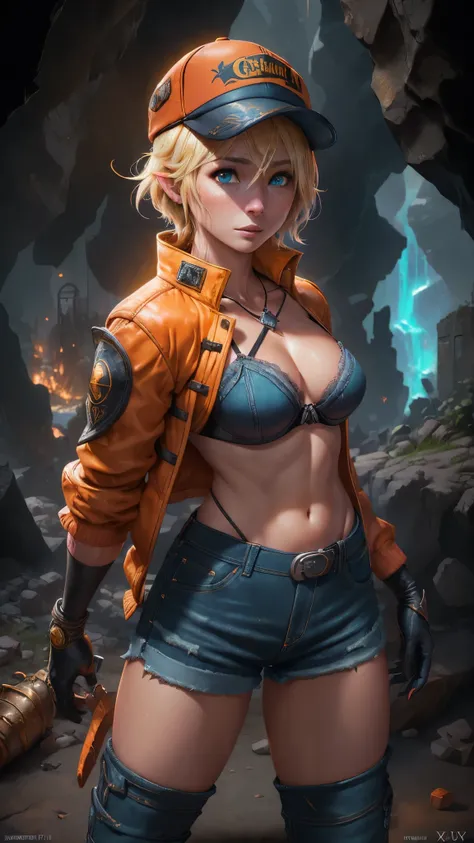 (The best quality,A high resolution,Ultra - detailed,actual),Cindy Aurum  Fantasy XV,(85mm F/1.4) , (Cindy has short blonde hair:1.4) , green eyes and a slightly tanned complexion, (His attire consists of an orange cap with the Hammerhead sign:1.4) ., a pa...