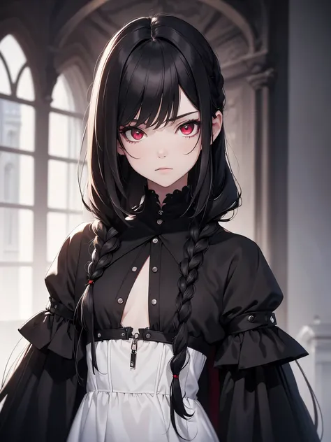 (8K, Best Quality, Masterpiece, Ultra High Resolution) Single Person, 1 Girl, Teenager, Young, Cute Eyes, Face Details, Pale Skin, Slender, Short, Flat Chest, Dark Black Hair, Long Hair, Braided Hair, Red Eyes, Formal Goth Dress, Inside Dark Castle, Best Q...