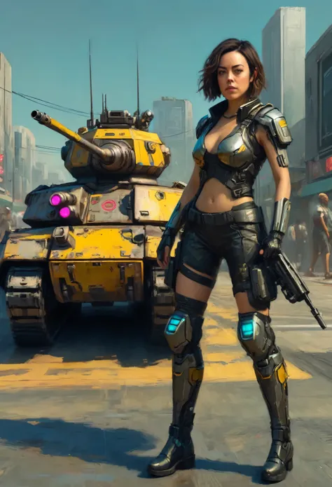 Aubrey Plaza, detailed cyberpunk armored scifi tank, neon highlights and trim, oversized scifi weapon, lead tank for MMO group, cyber Tokyo, hyper realistic, cinematic lighting, 8K, high resolution, masterpiece, dramatic pose, intense expression, dynamic a...